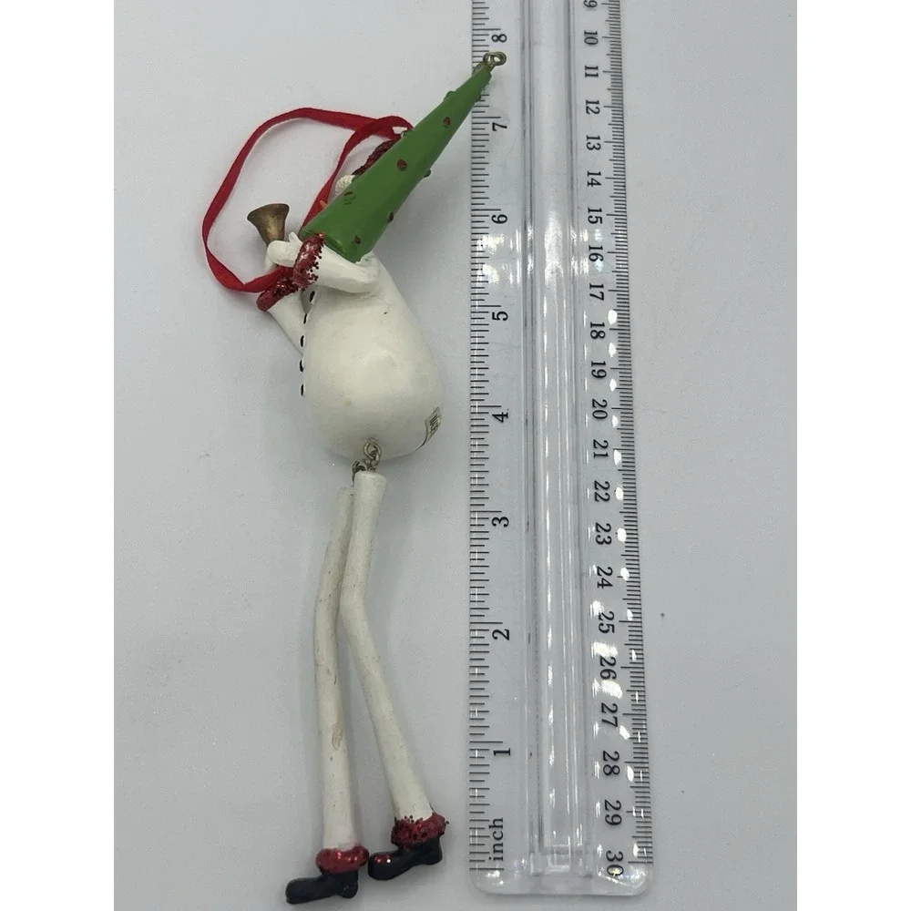 Dancing Snowman Ornament Holding Christmas Tree & Bell Red Glitter 8